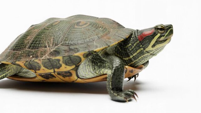 Close up video of a red eared slider turtle slowly crawling across a white surface in natural light