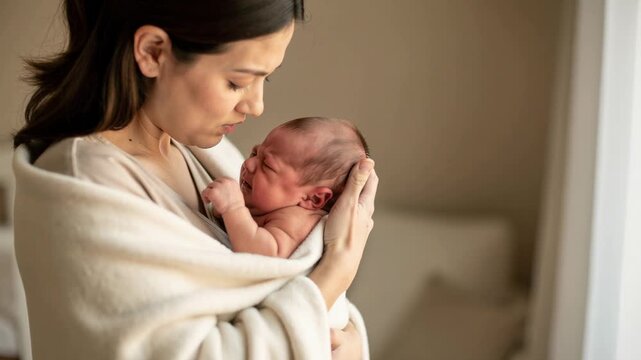 Loving mother gently cradling her newborn baby wrapped in a soft blanket comfort and care