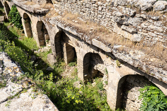 Destroyed old aqueduct in Turkey. The Ancient City of Phaselis in Kemer, Antalya Exploring architecture town ruins excursion archaeological history place. Travel destination