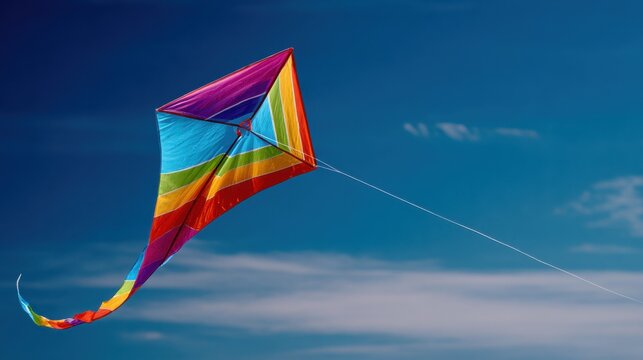 A colorful kite flying high in the bright blue sky