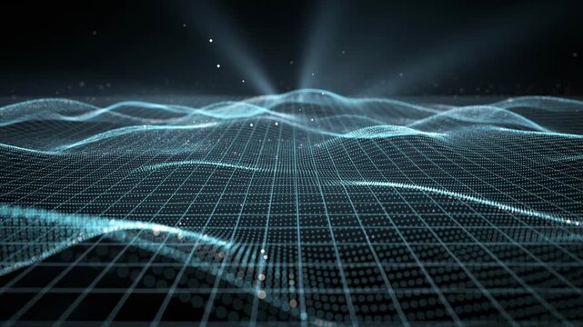 Futuristic glowing blue waves ripple smoothly in a dark digital grid animation background