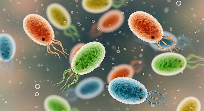 Colorful illustration of microorganisms with tails, depicted floating in liquid with bubbles