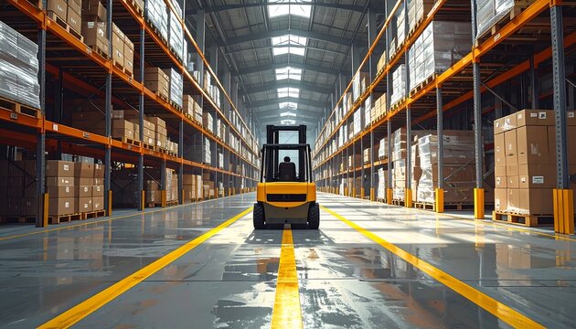 A warehouse with shelving units and a forklift