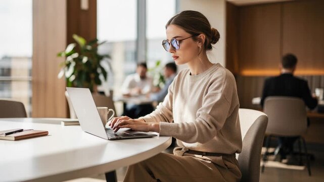 Focused woman wearing glasses typing on laptop at sleek white table in modern bright workspace