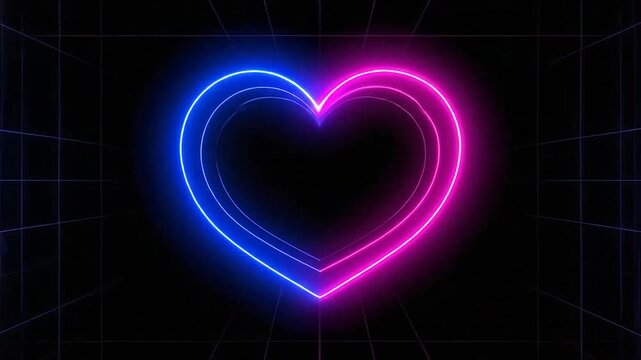 Glowing neon heart shapes form a tunnel on a grid background