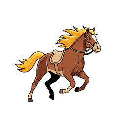 Fototapeta premium Galloping brown horse with golden mane and saddle.