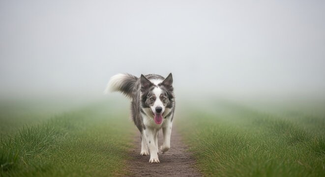 Happy Border Collie Dog Walking on a Path in a Foggy Field.