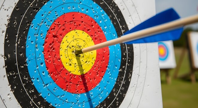 Bullseye an arrow strikes the center of a vibrant archery target
