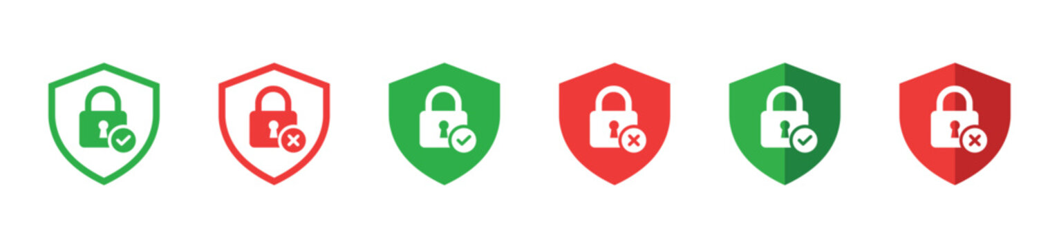 Security icons for safe and unsafe situations with shield and padlock symbols outline and solid vector illustration