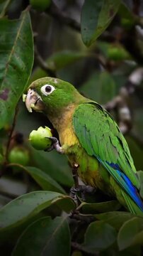 Green parrot eating fruit on a tree branch