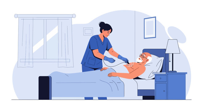 Nurse caring for elderly patient in hospital bed, medical assistance, home healthcare concept