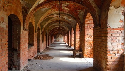 Obraz premium A long, abandoned corridor with brick arches and a vaulted ceiling