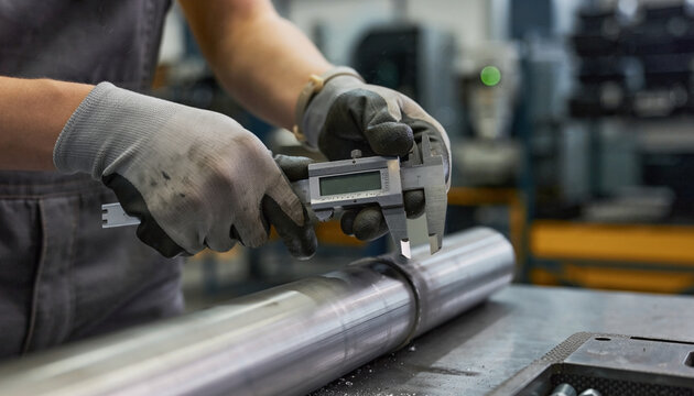 Precision Metalworking: Industrial Worker Measuring Steel Pipe with Digital Caliper in Manufacturing Factory