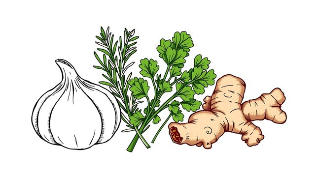Illustration of Garlic, Parsley, Thyme, and Ginger