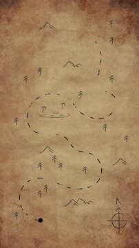 Treasure map with dashed line path and red x mark animation. Treasure hunt map with vintage paper texture background. 4k video