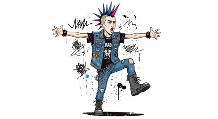 Naklejka premium Punk rock youth with mohawk and ripped jeans dancing energetically