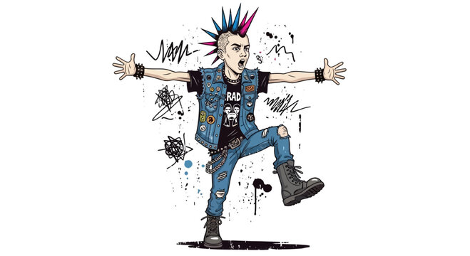 Punk rock youth with mohawk and ripped jeans dancing energetically