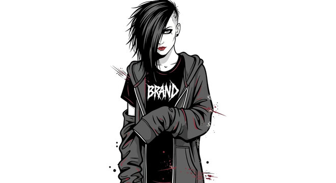 Stylish person with mohawk, t-shirt, and hoodie, white background