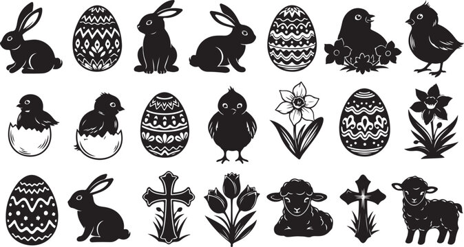 Easter icons set with bunnies, eggs, and spring flowers