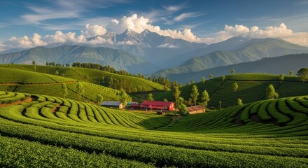 Fototapeta premium Lush green tea plantations with rolling hills and distant mountains under a bright sky, showcasing agricultural beauty and natural serenity.