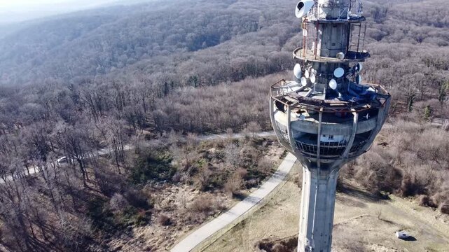 The aerial view of the TV tower, bombed by NATO army in 1999, Irishki venac, Frushka tower, Novi Sad, Serbia, Europe