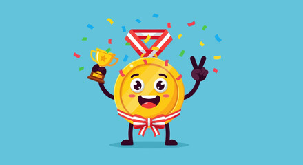 Fototapeta premium Smiling Gold Medal Cartoon Character.