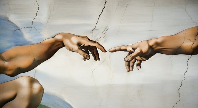 Iconic fresco depicts two hands reaching towards each other with a celestial background