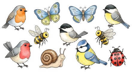 Fototapeta premium A colorful illustration of various animals and insects in a whimsical setting