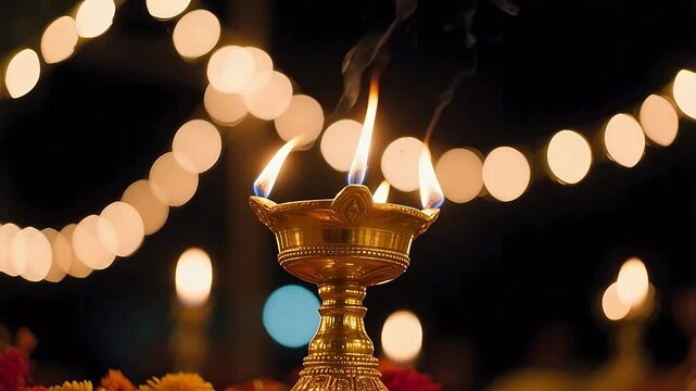 Golden oil lamp with lit wicks