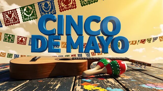Bold blue CINCO DE MAYO text over sunny sky with colorful papel picado bunting, acoustic guitar and red-green maracas on rustic wood, festive Mexico holiday celebration concept