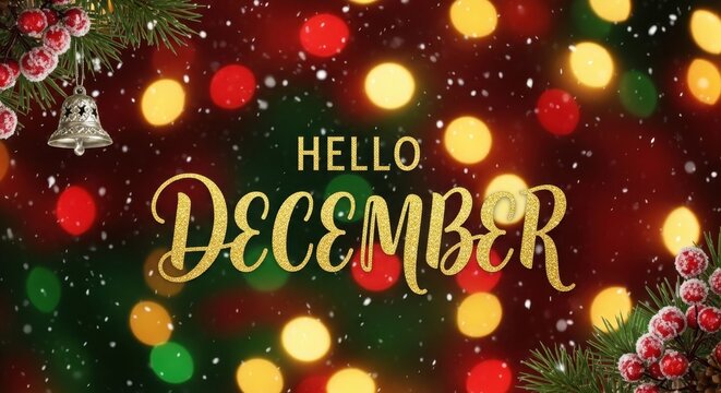 Hello December Greeting on a Festive Christmas Lights Background.