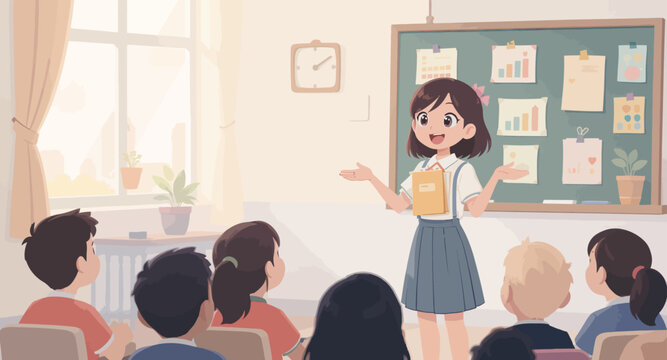 Teacher standing in front of classroom.