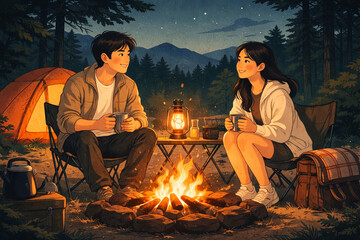 Fototapeta premium Couple Talking by the Campfire