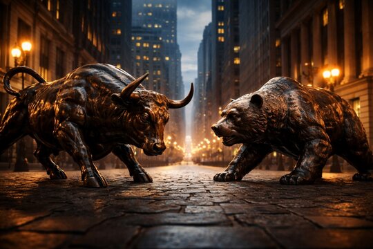 Bull and Bear Battle in Dark Arena Representing Stock Market Bullish and Bearish