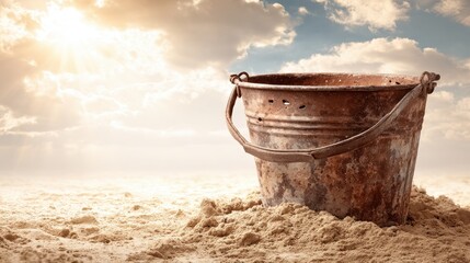 Naklejka premium Rusty bucket with holes resting in sand under sunny sky