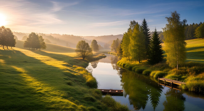 A serene river meandering through a picturesque, sun-drenched landscape, evoking a sense of tranquility. 