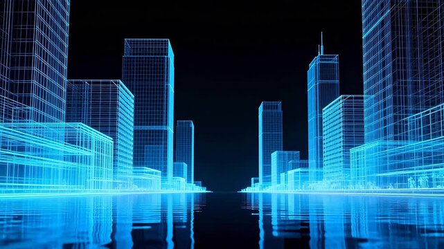 Futuristic blue wireframe cityscape