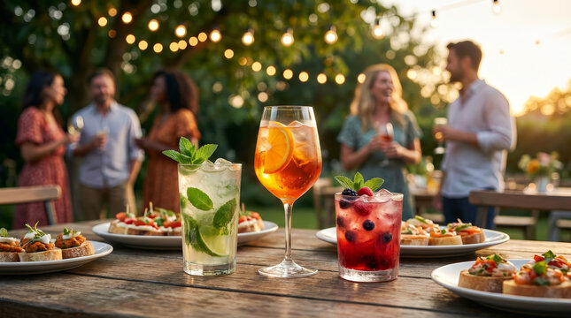 Outdoor party summer cocktail appetizer friend garden Outdoor garden party table with summer cocktail and appetizer, friend group chatting string light sunset, relaxed celebration with colorful