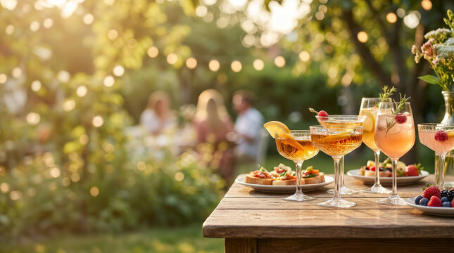 Cocktail outdoor garden party table summer celebration drink appetizer sunlight outdoor garden party table summer celebration drink appetizer wooden table with fruity cocktails and snacks