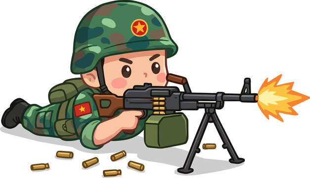 Professional Vietnamese soldier firing a heavy machine gun while laying down