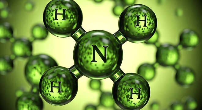 Molecular model of nitrogen bonded to hydrogen atoms, depicted in a gradient green