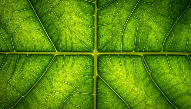 Close-up macro of fresh green leaf vein texture with natural symmetry and organic pattern