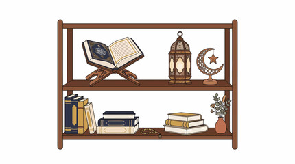 Wooden bookshelf with books and decor. © Fauzi