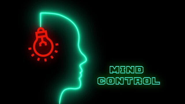 Advanced psychology or artificial intelligence mind control concept with neon head silhouette and bulb icon.
