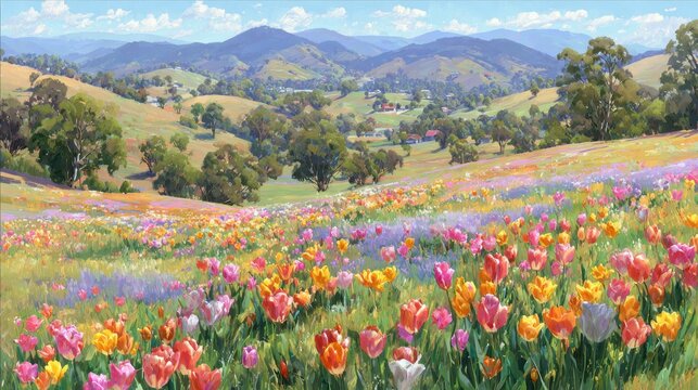 Vibrant field of colorful tulips blooming in the springtime sunshine