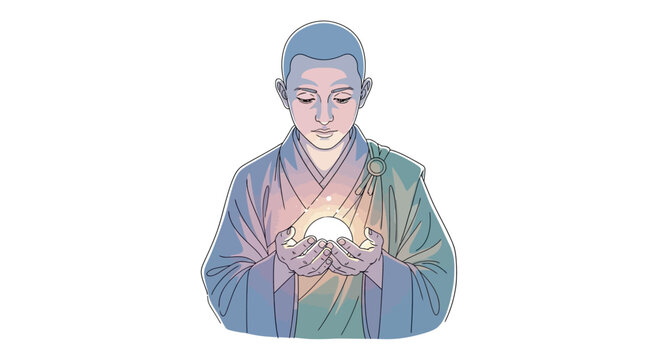 Woman holding crystal ball looking down.