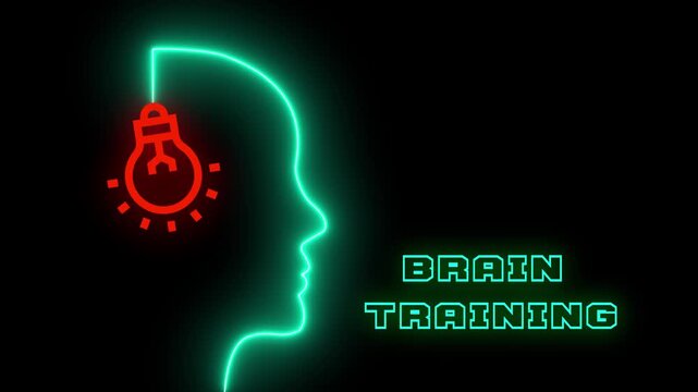 Mental exercise and brain training concept featuring a glowing neon head silhouette with an illuminated bulb.
