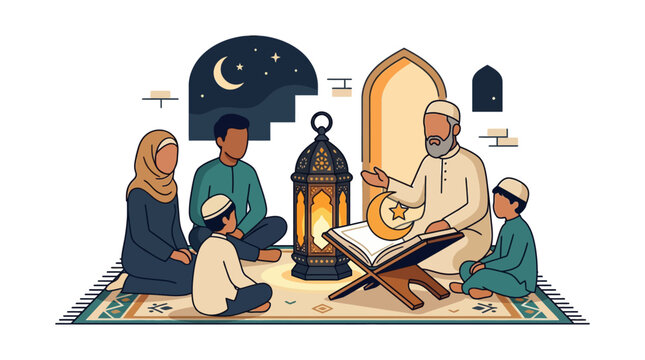 Family reading Quran together at home.