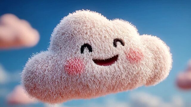 A cheerful, cartoon-style cloud with a friendly smile radiates positivity, suitable for children's products, playful marketing, or whimsical website d