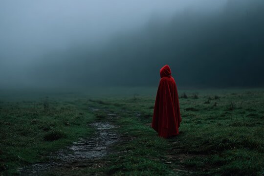 Mysterious figure in red cloak walking through foggy field